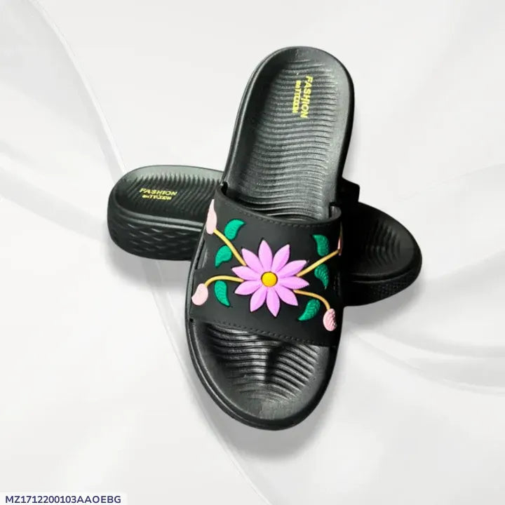 Women's Black Rexine Floral Slides - Comfortable Office Wear - image 3