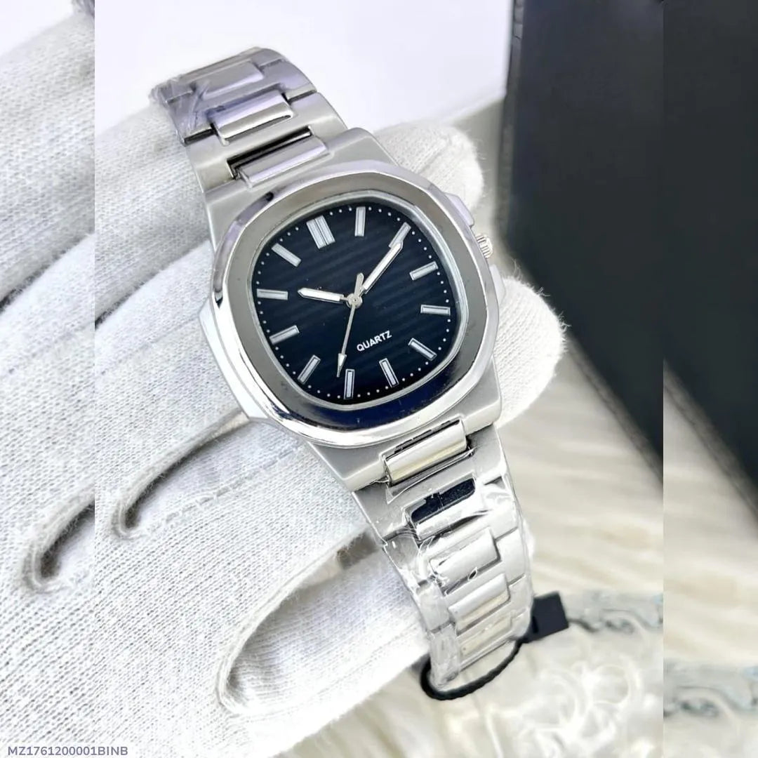Men Square Watch Black Dial Silver Steel Chain Strap - image 4
