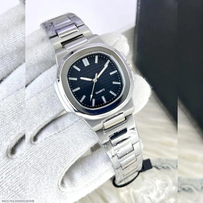 Men Square Watch Black Dial Silver Steel Chain Strap - image 4