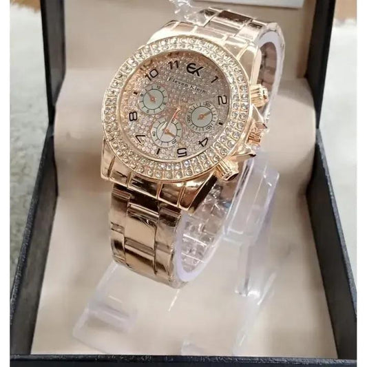 Women's Rose Gold Crystal Watch with 3 Sub-Dials - image 1