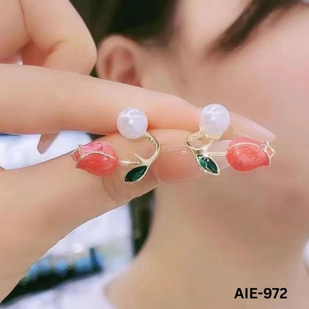 Flower Pearl Earrings Pink Green Leaf Lightweight Daily Wear - image 1
