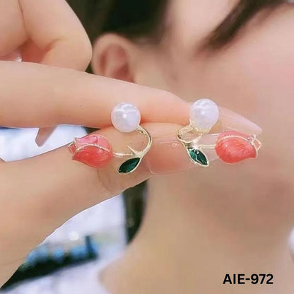 Flower Pearl Earrings Pink Green Leaf Lightweight Daily Wear - image 1