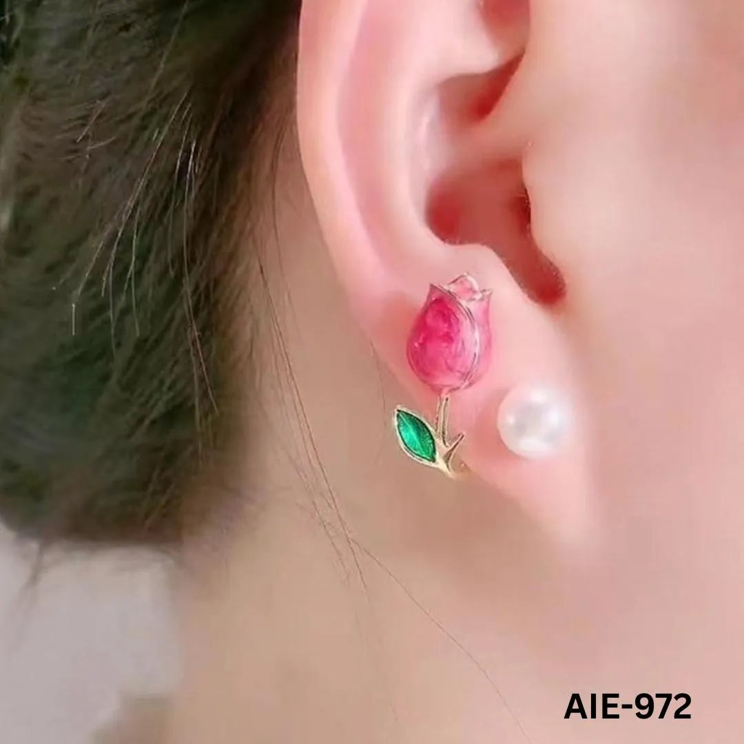 Flower Pearl Earrings Pink Green Leaf Lightweight Daily Wear - image 2