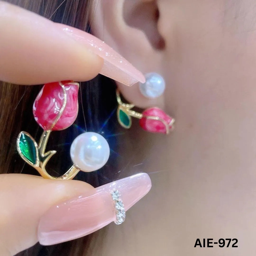 Flower Pearl Earrings Pink Green Leaf Lightweight Daily Wear - image 3