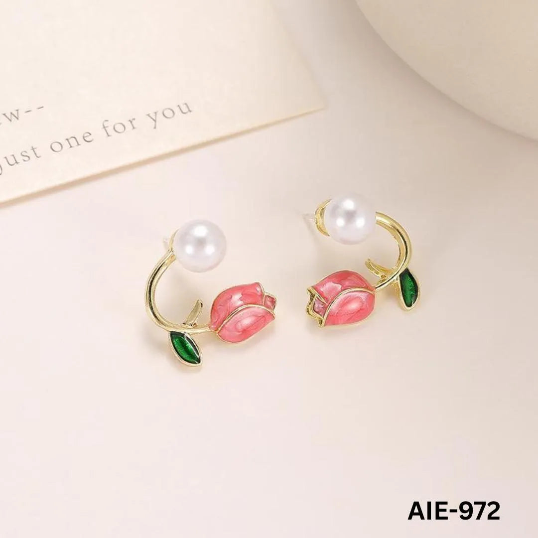 Flower Pearl Earrings Pink Green Leaf Lightweight Daily Wear - image 4