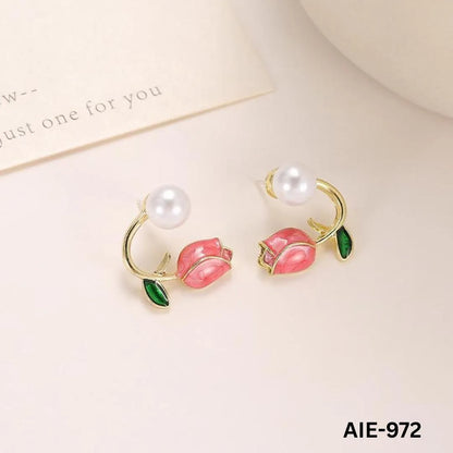 Flower Pearl Earrings Pink Green Leaf Lightweight Daily Wear - image 4