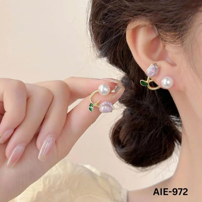 Flower Pearl Earrings Pink Green Leaf Lightweight Daily Wear - image 5