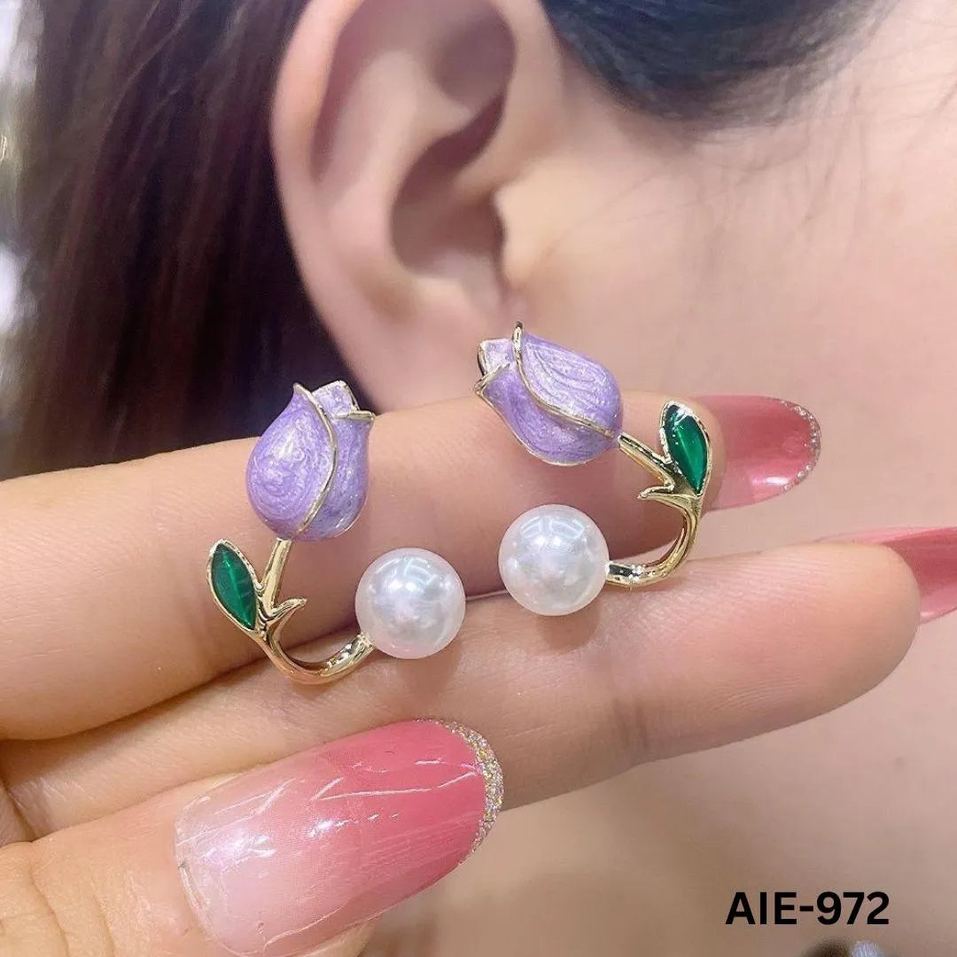 Flower Pearl Earrings Pink Green Leaf Lightweight Daily Wear - image 6