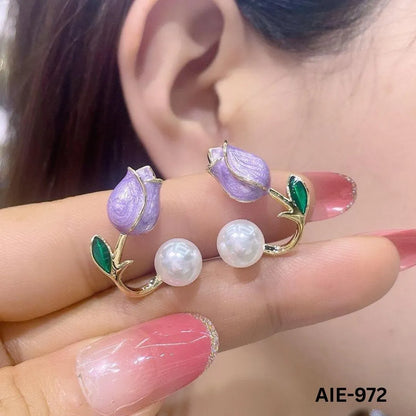 Flower Pearl Earrings Pink Green Leaf Lightweight Daily Wear - image 6