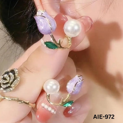 Flower Pearl Earrings Pink Green Leaf Lightweight Daily Wear - image 7