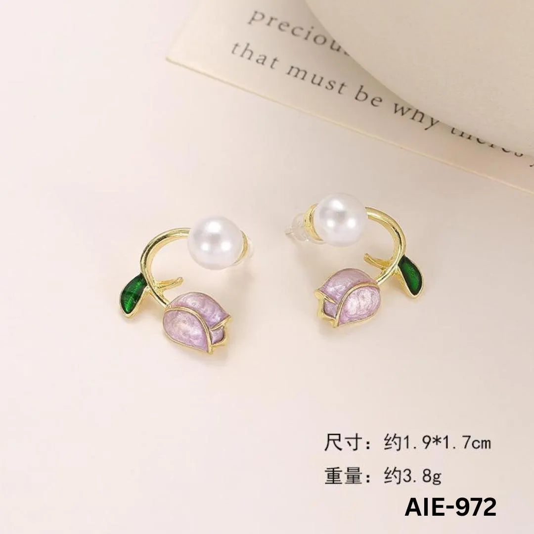 Flower Pearl Earrings Pink Green Leaf Lightweight Daily Wear - image 8