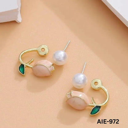 Flower Pearl Earrings Pink Green Leaf Lightweight Daily Wear - image 9