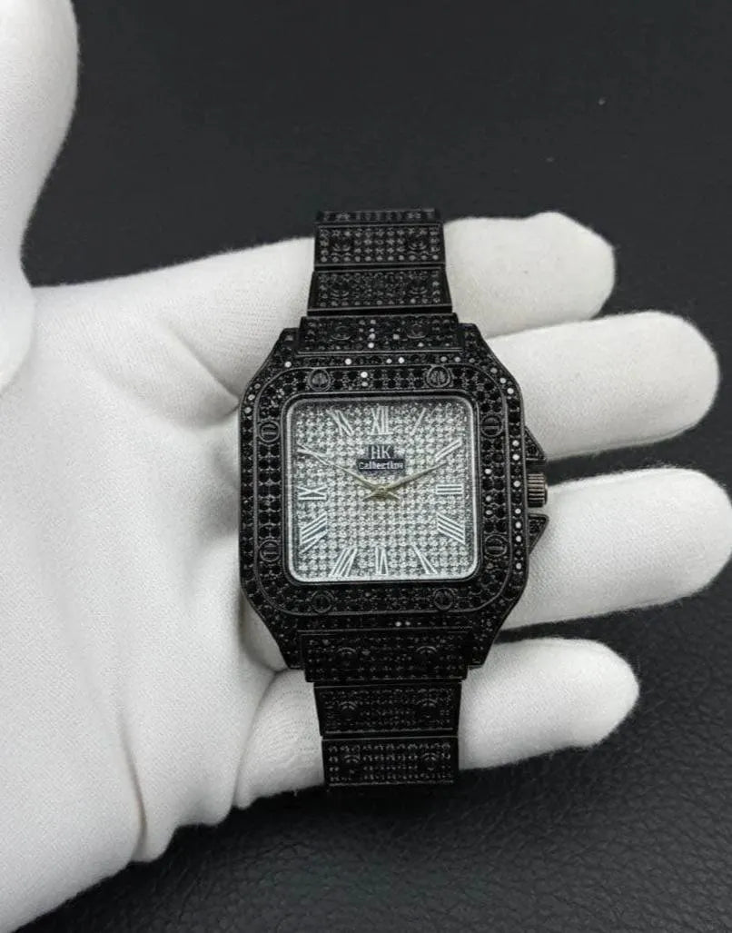 Black Stone-Studded Luxury Men's Watch Stainless Steel Chain Strap - image 1