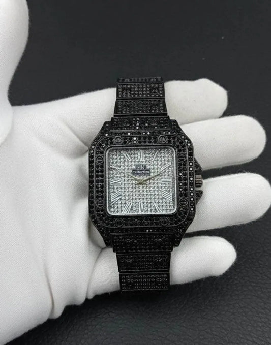 Black Stone-Studded Luxury Men's Watch Stainless Steel Chain Strap - image 1