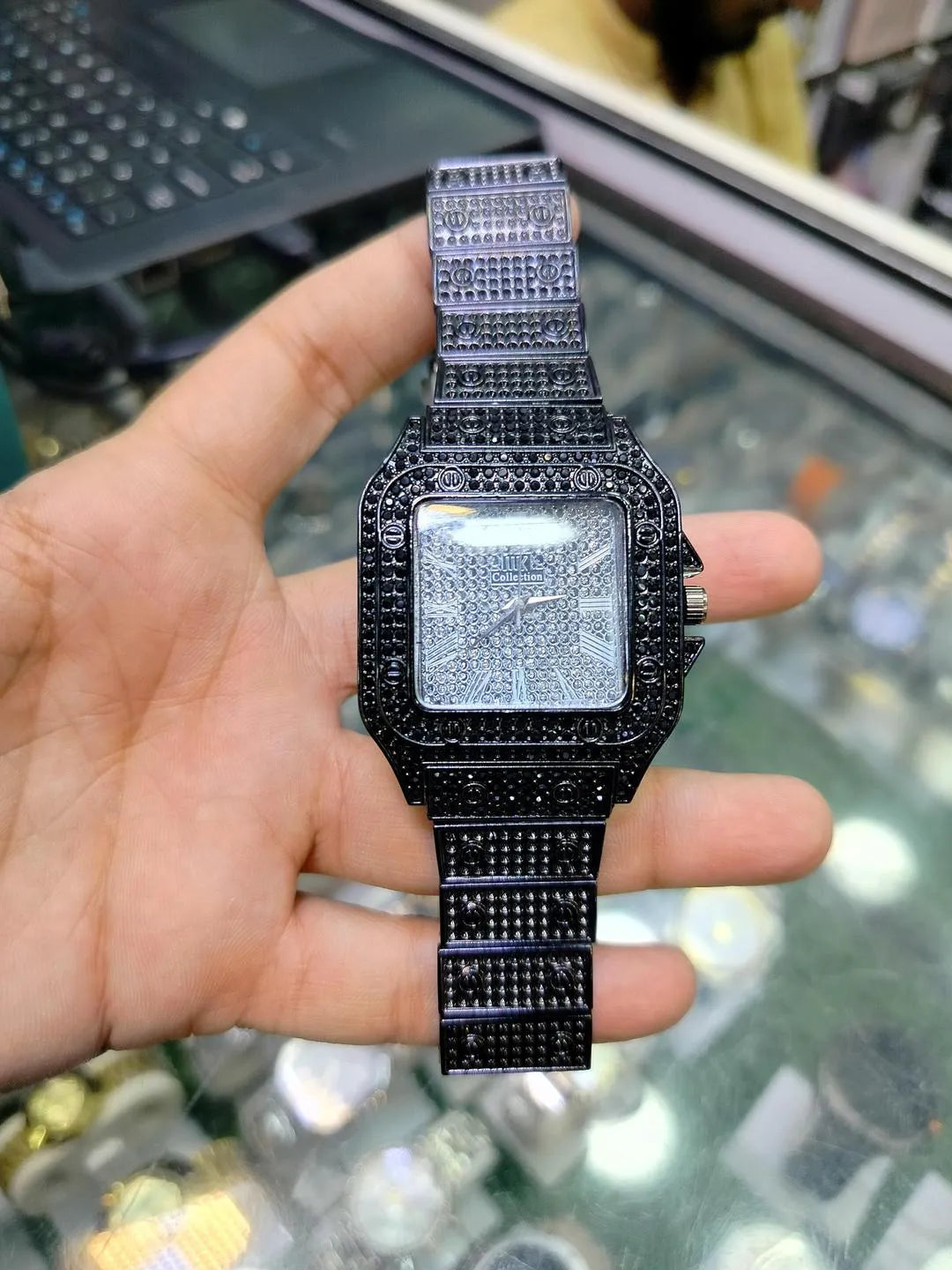 Black Stone-Studded Luxury Men's Watch Stainless Steel Chain Strap - image 2
