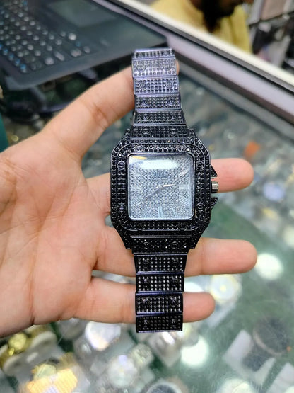 Black Stone-Studded Luxury Men's Watch Stainless Steel Chain Strap - image 2