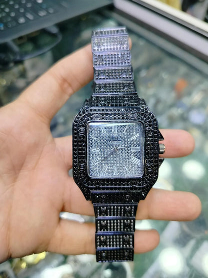 Black Stone-Studded Luxury Men's Watch Stainless Steel Chain Strap - image 3