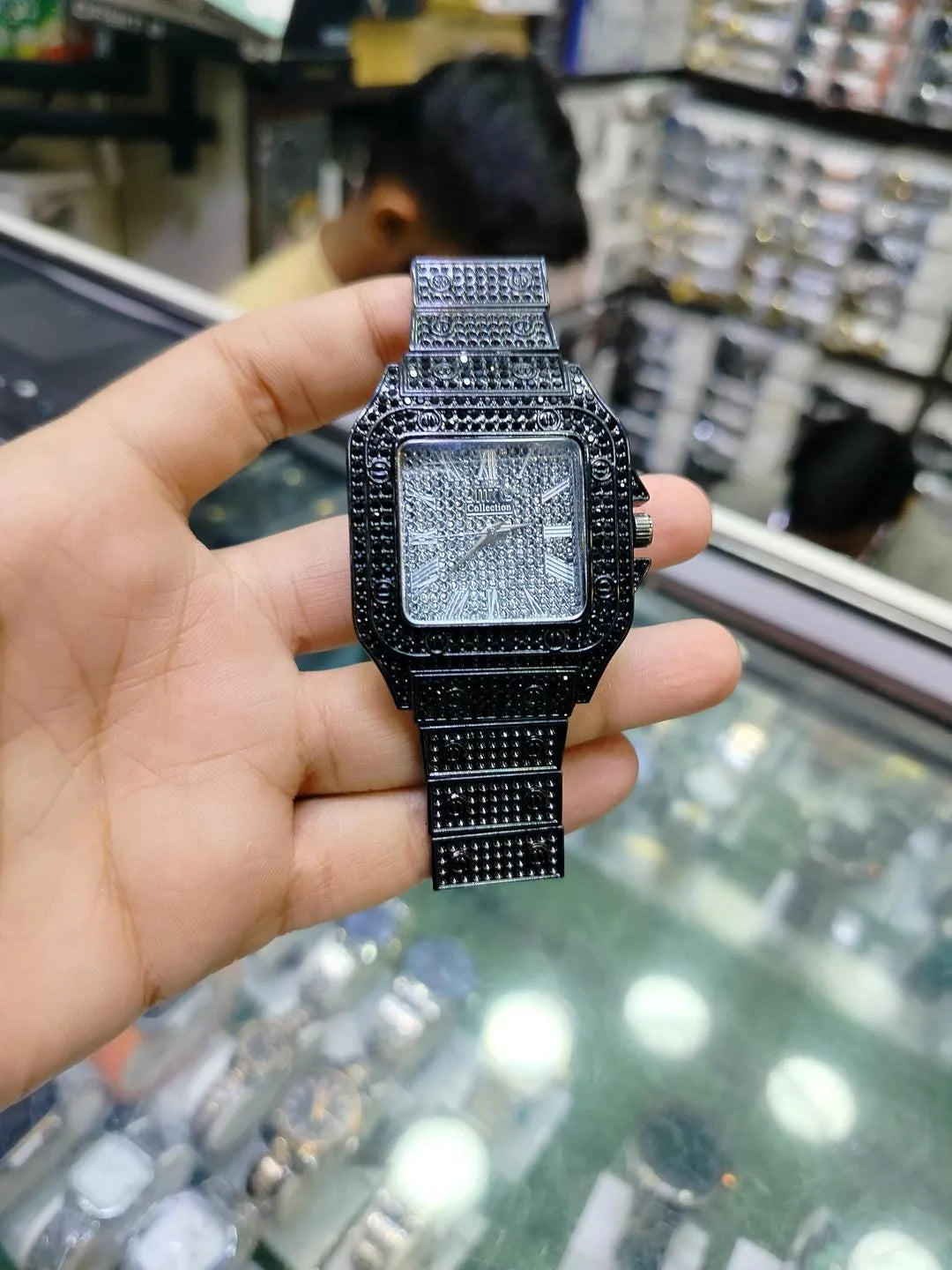 Black Stone-Studded Luxury Men's Watch Stainless Steel Chain Strap - image 4