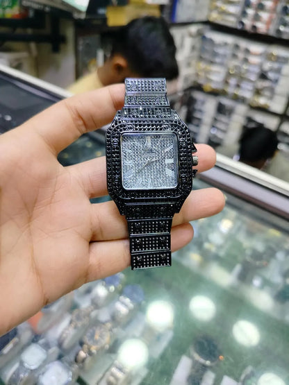 Black Stone-Studded Luxury Men's Watch Stainless Steel Chain Strap - image 4