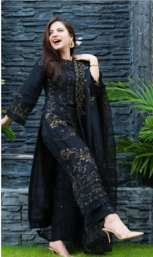 Black Embroidered 3-Piece Women's Lawn Suit with Bamber Dupatta - image 5