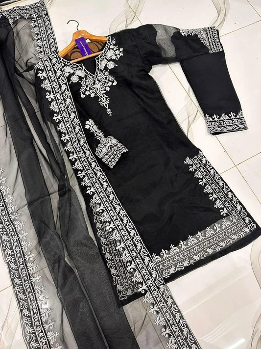 Black Embroidered 3-Piece Suit for Women - image 1