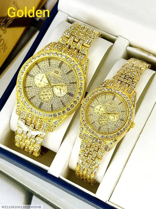 Golden Stone-Studded Couple Watches for Men Women - image 1