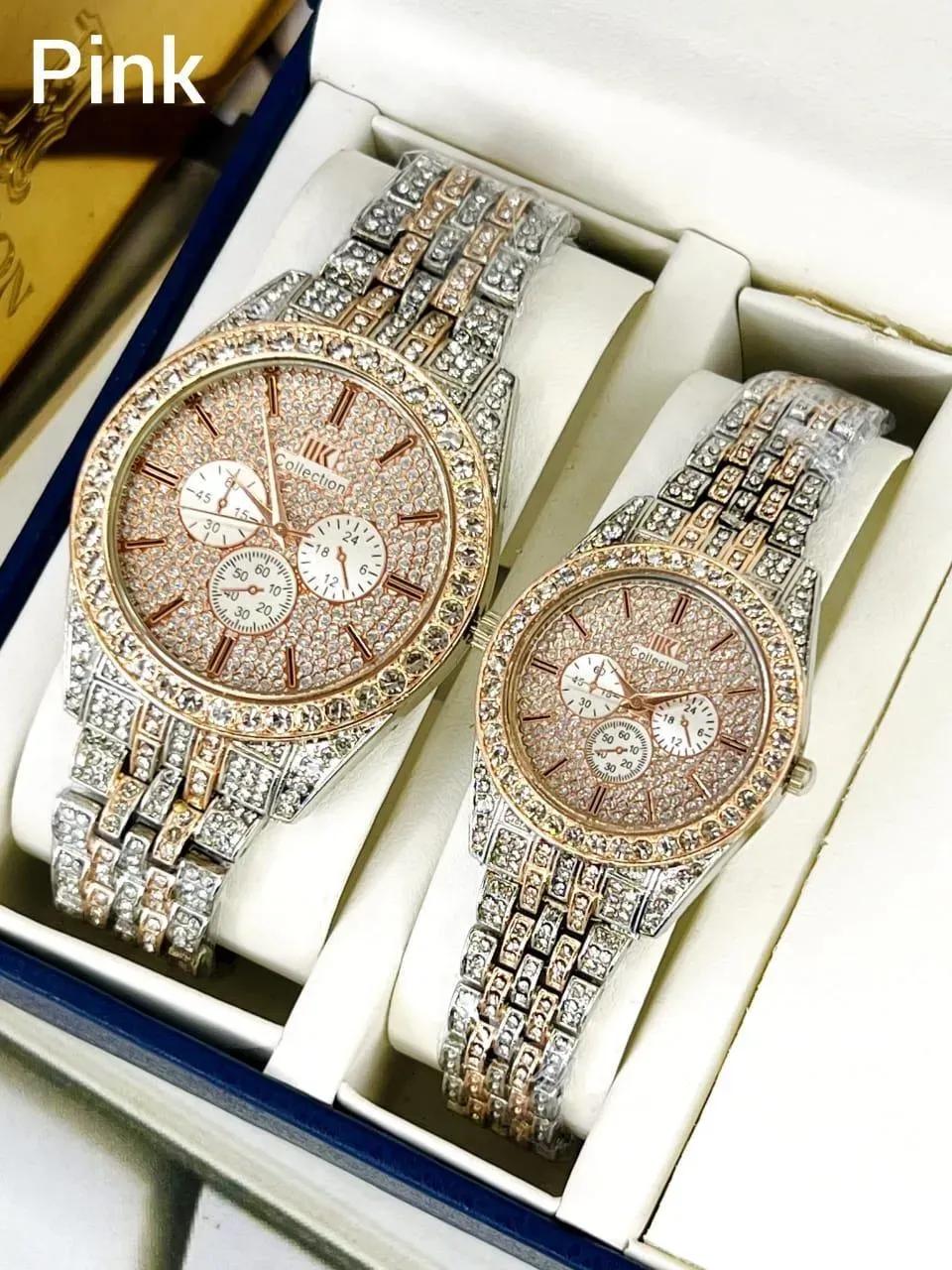 Golden Stone-Studded Couple Watches for Men Women - image 2