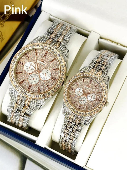 Golden Stone-Studded Couple Watches for Men Women - image 2
