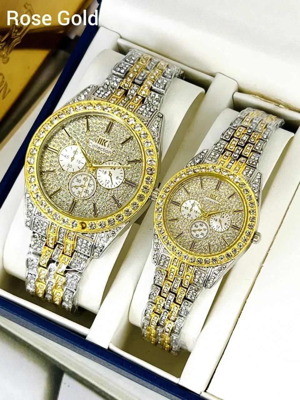 Golden Stone-Studded Couple Watches for Men Women - image 3