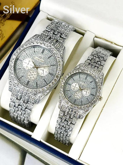 Golden Stone-Studded Couple Watches for Men Women - image 5