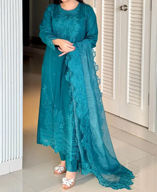 Stunning 3 Pcs Women's Stitched Embroidered Suit - Arabic Lawn Turquoise - image 2