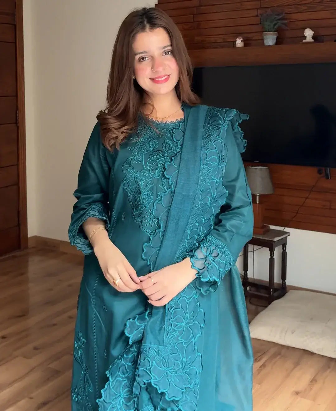 Stunning 3 Pcs Women's Stitched Embroidered Suit - Arabic Lawn Turquoise - image 3