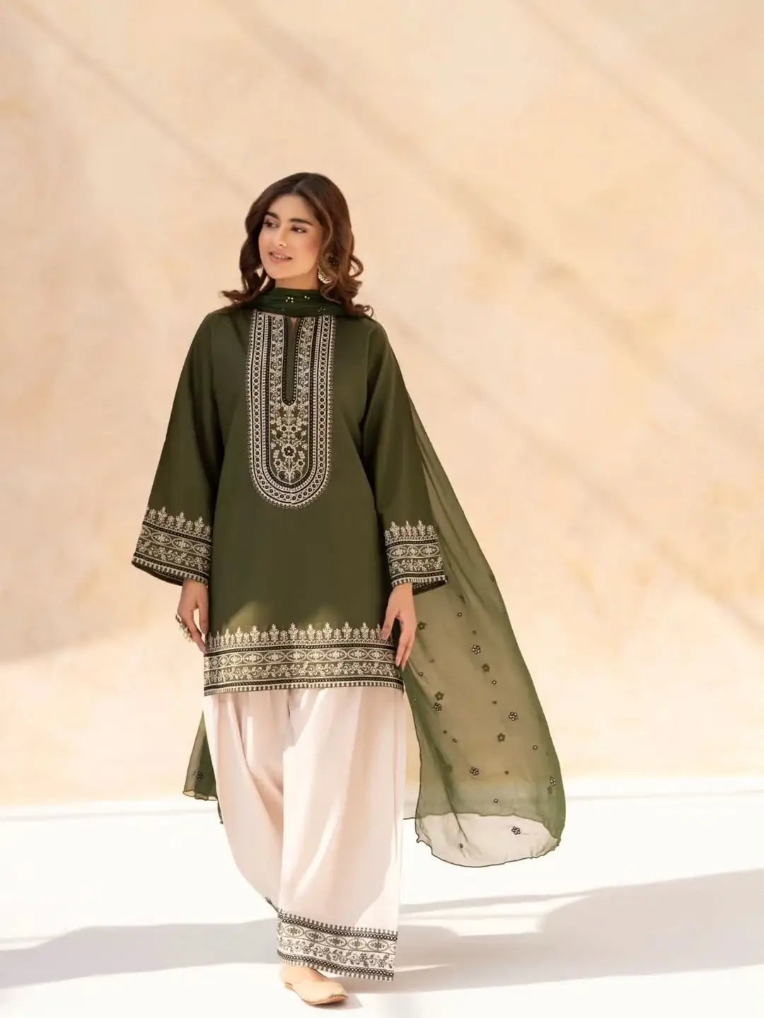 Elegance Embroidered Cotton Suit Set - 3 Pcs - image 1