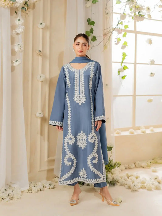 Stunning Embroidered Raw Silk Suit Set - 3 Pcs - image 1