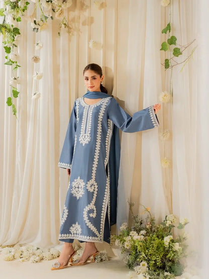 Stunning Embroidered Raw Silk Suit Set - 3 Pcs - image 2