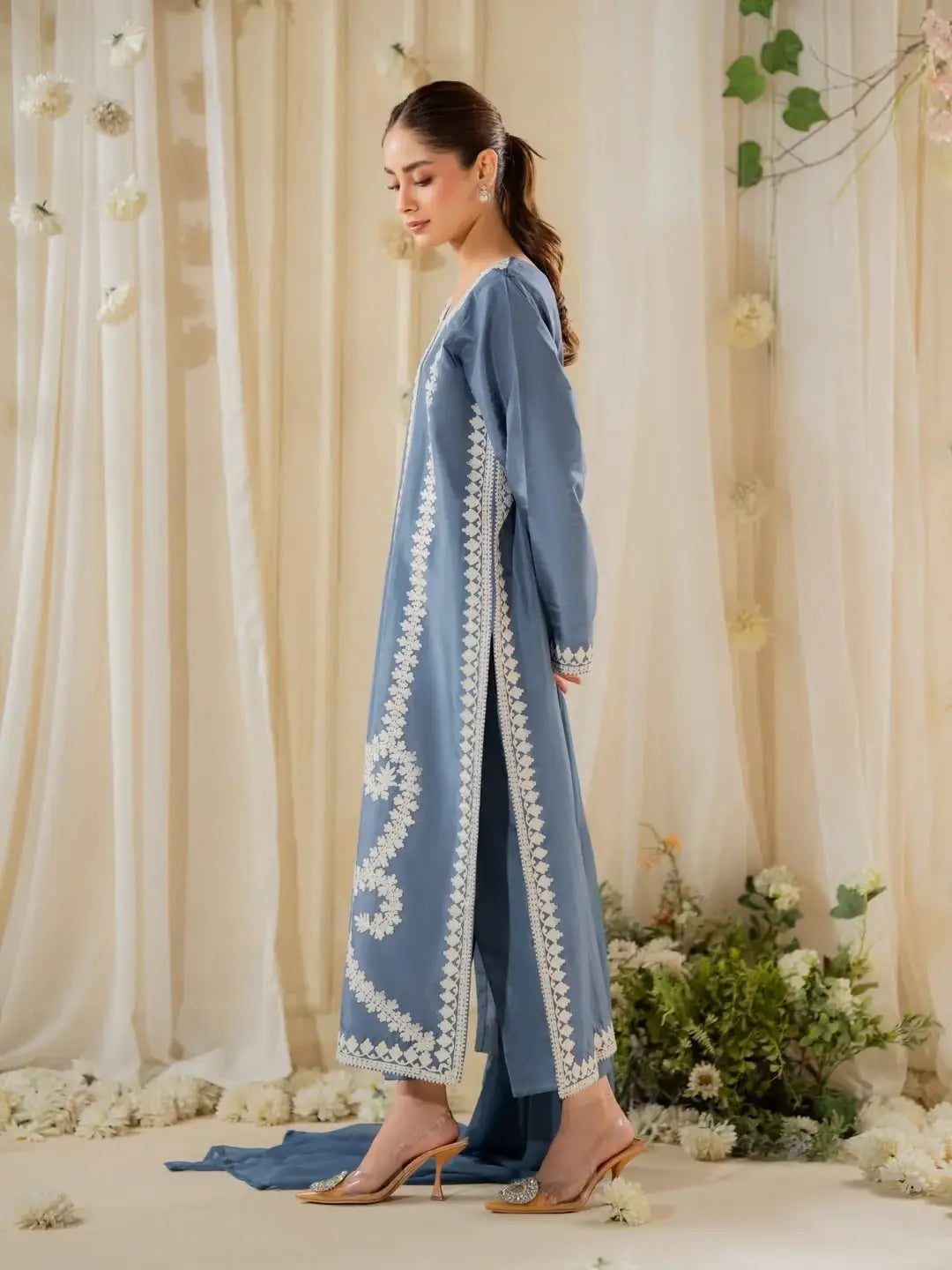 Stunning Embroidered Raw Silk Suit Set - 3 Pcs - image 7