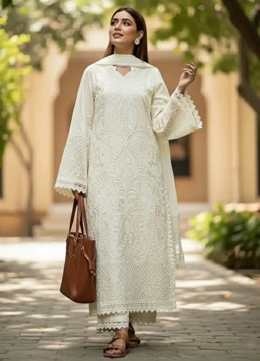 Beige Embroidered 3 Pcs Women's Stitched Suit in Arabic Lawn - image 1
