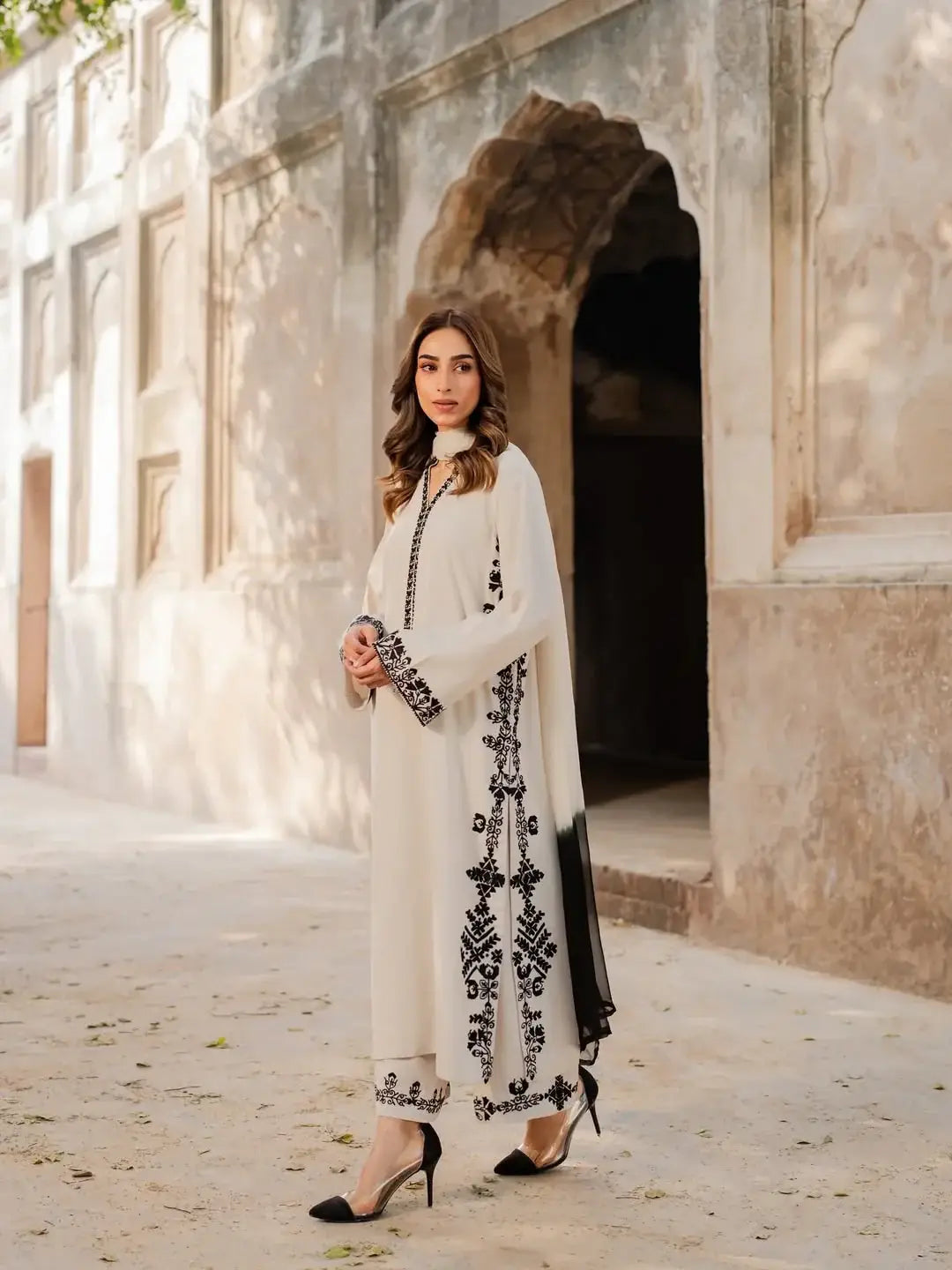 Stunning 3 Pcs Women's Stitched Embroidered Suit - Arabic Lawn Off White - image 1