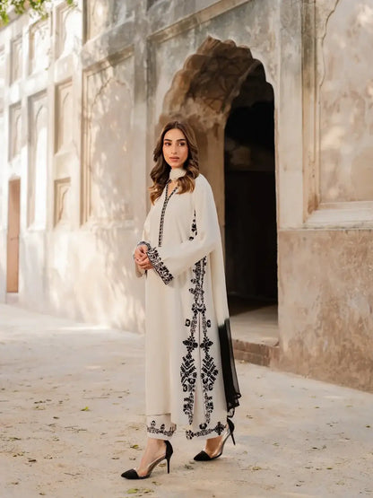 Stunning 3 Pcs Women's Stitched Embroidered Suit - Arabic Lawn Off White - image 1