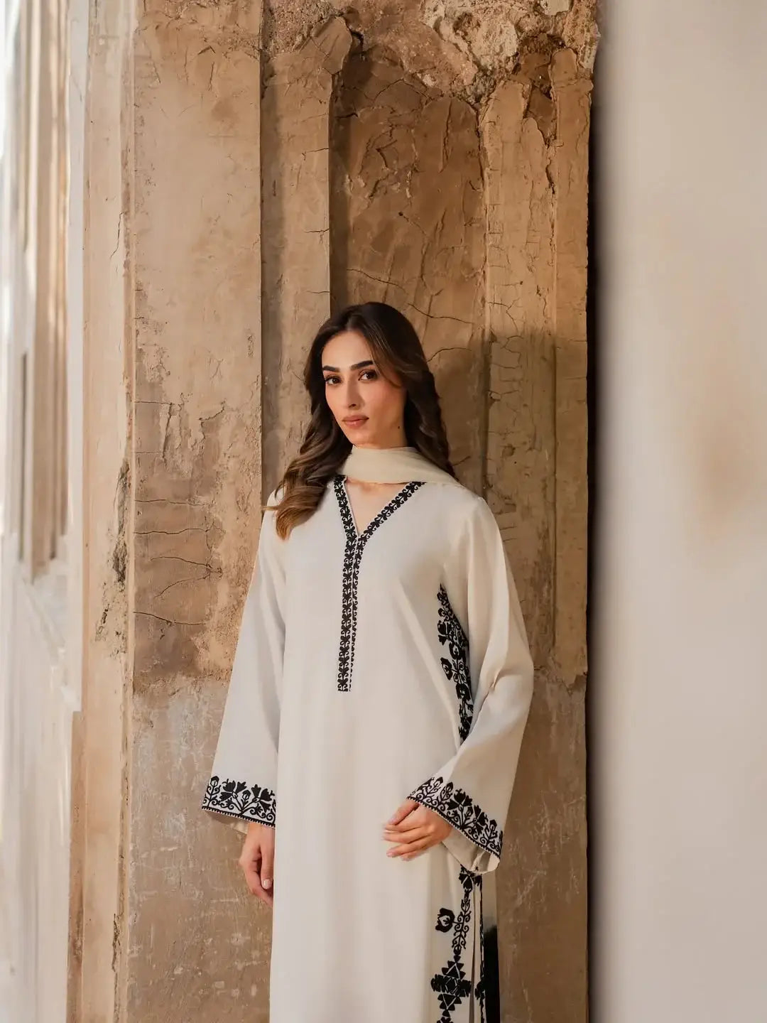 Stunning 3 Pcs Women's Stitched Embroidered Suit - Arabic Lawn Off White - image 2