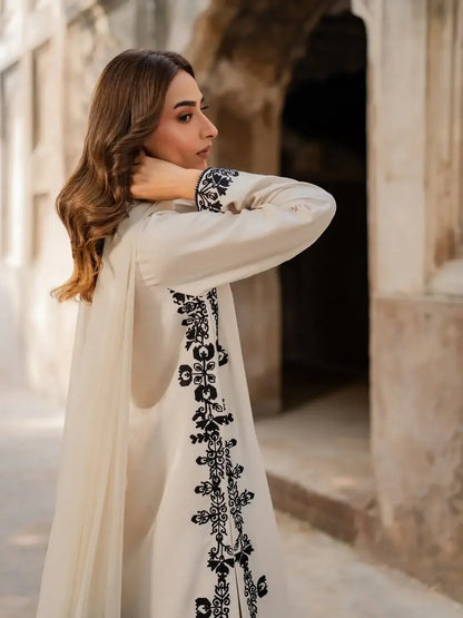 Stunning 3 Pcs Women's Stitched Embroidered Suit - Arabic Lawn Off White - image 6
