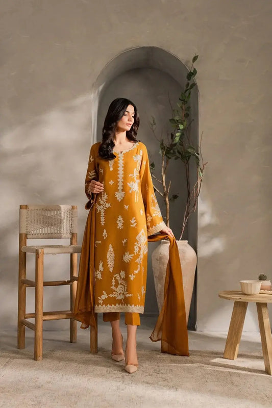 Chic Mustard Linen Embroidered Suit - 3 Pcs Set for Women's Fashion - image 1