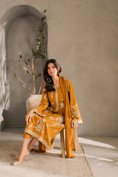 Chic Mustard Linen Embroidered Suit - 3 Pcs Set for Women's Fashion - image 3