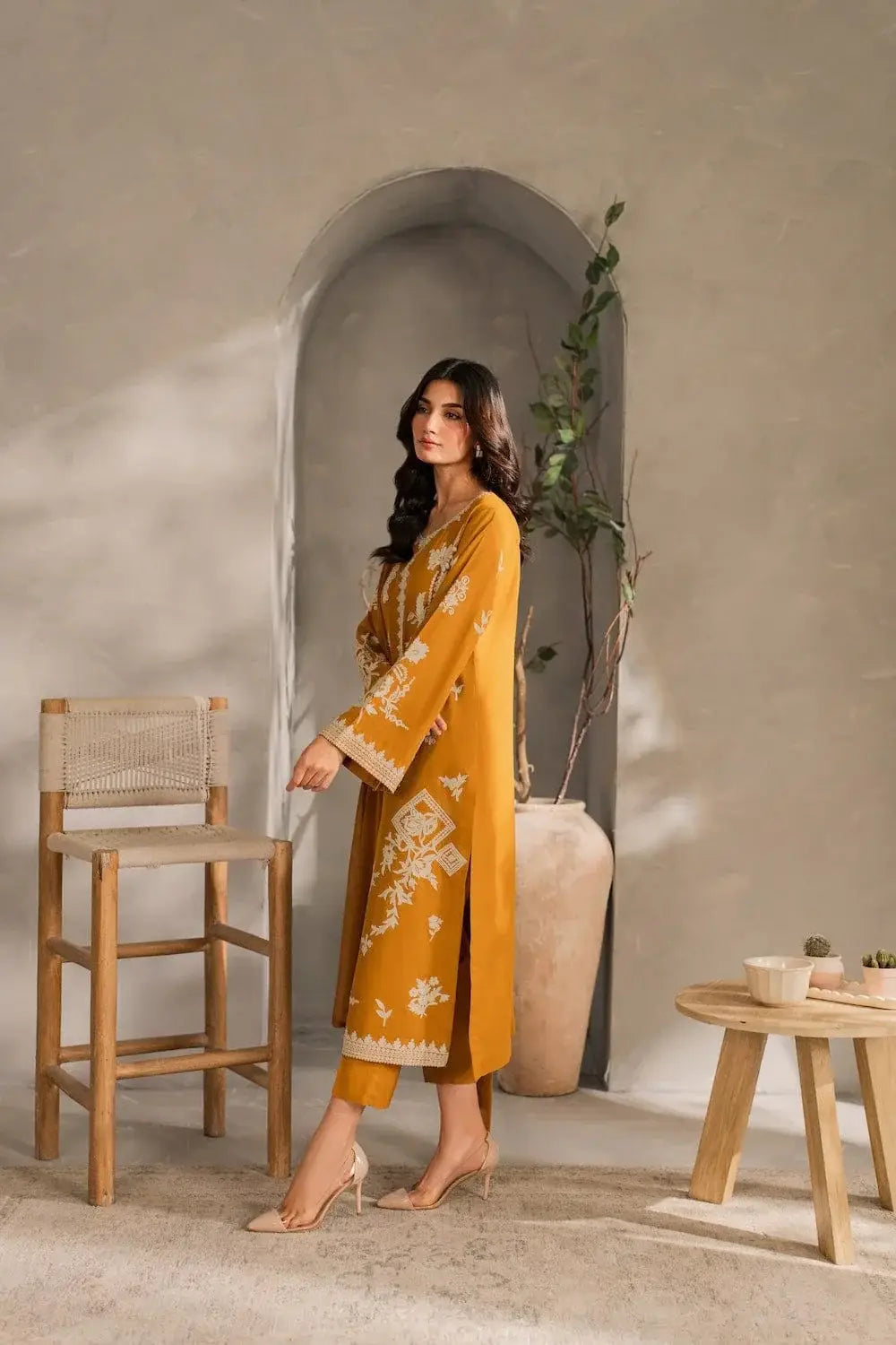 Chic Mustard Linen Embroidered Suit - 3 Pcs Set for Women's Fashion - image 6