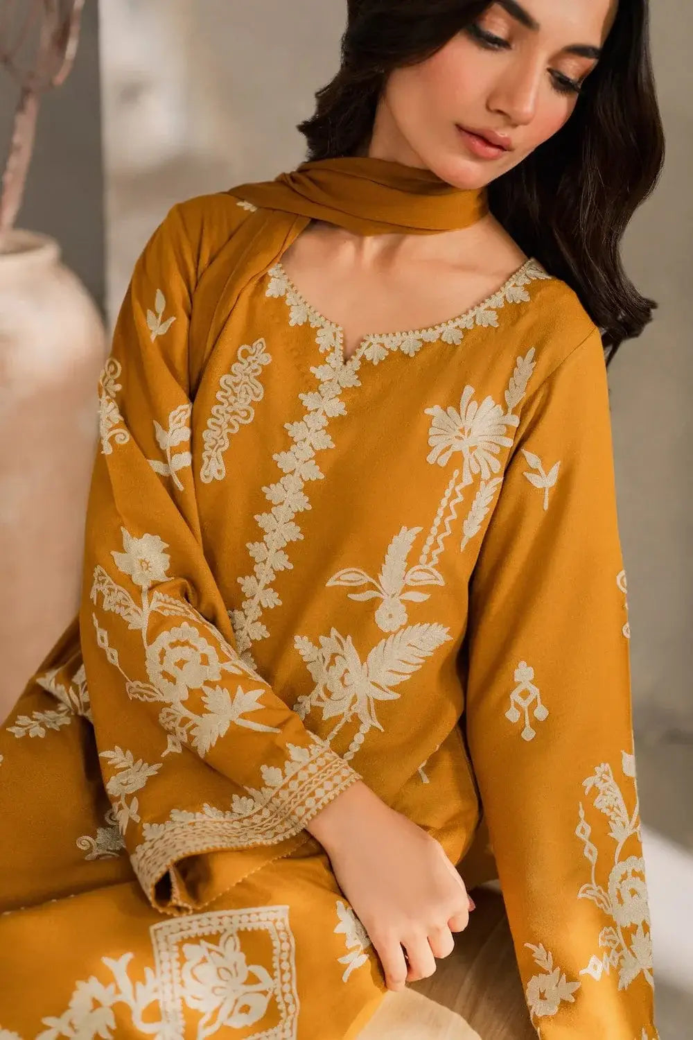 Chic Mustard Linen Embroidered Suit - 3 Pcs Set for Women's Fashion - image 7