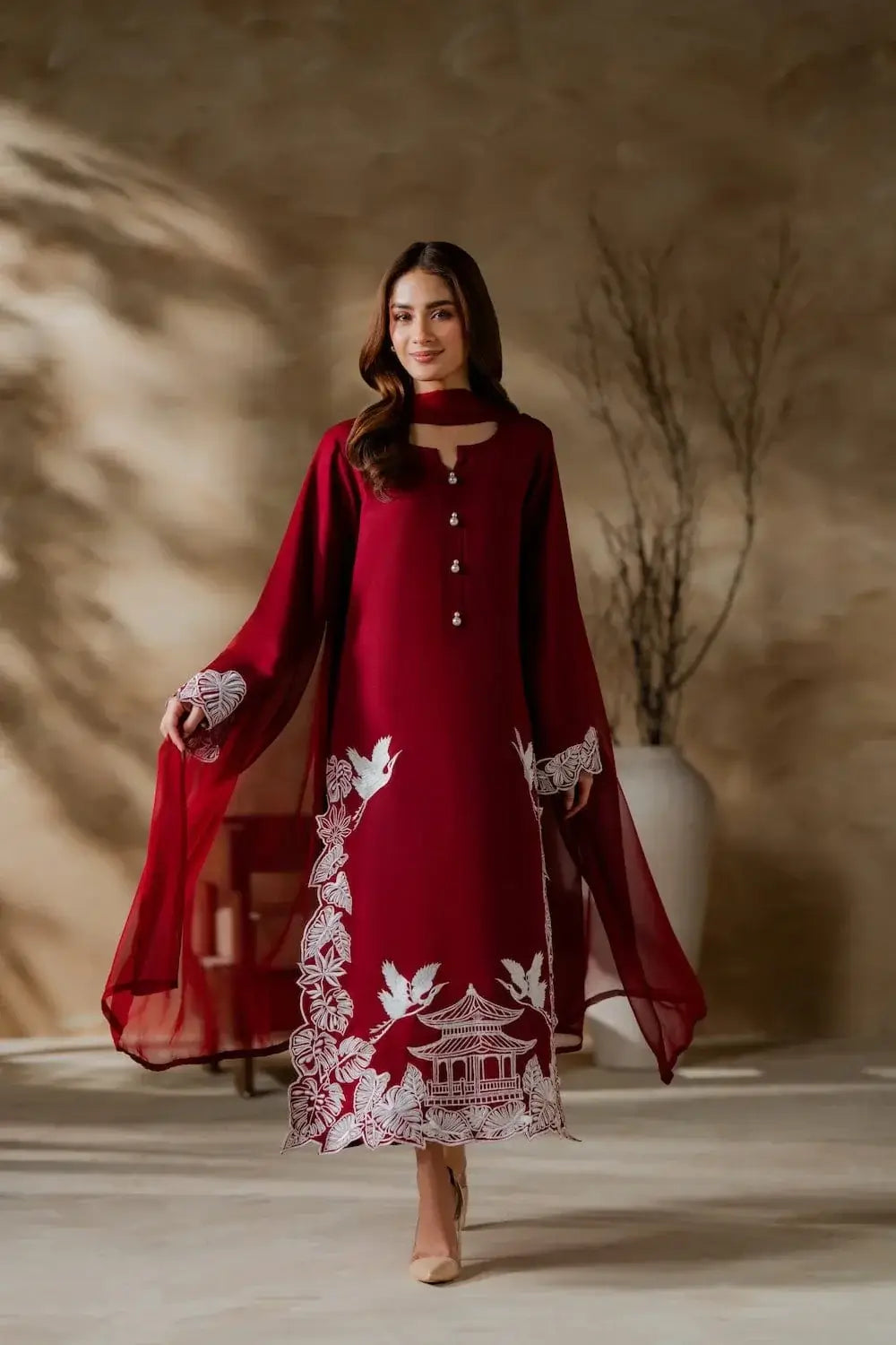 Elegant Maroon 3 Pcs Women's Stitched Linen Suit with Embroidered Detail - image 1