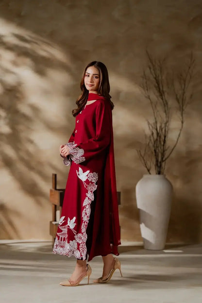 Elegant Maroon 3 Pcs Women's Stitched Linen Suit with Embroidered Detail - image 3