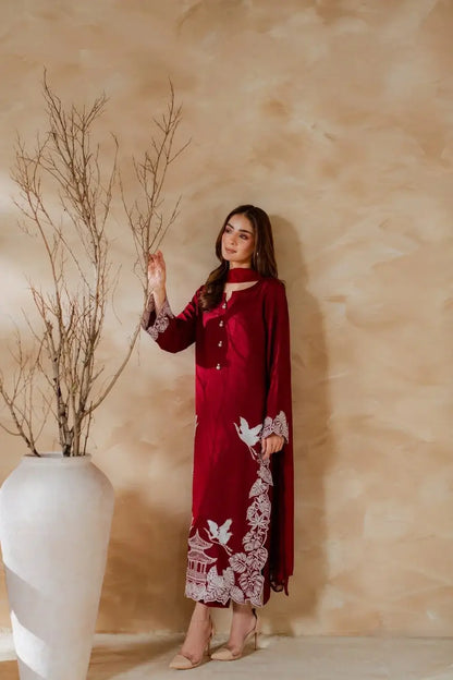Elegant Maroon 3 Pcs Women's Stitched Linen Suit with Embroidered Detail - image 4