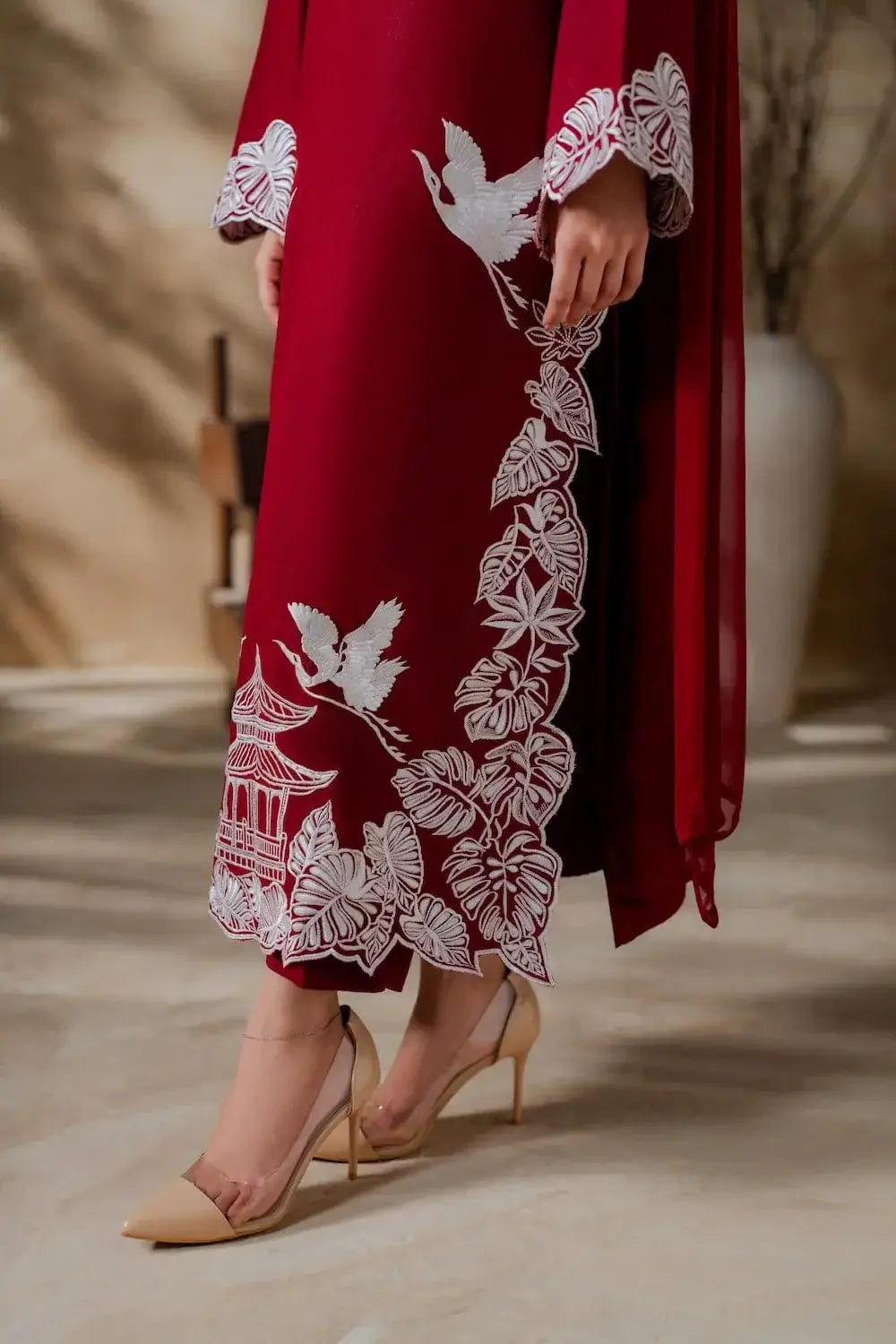 Elegant Maroon 3 Pcs Women's Stitched Linen Suit with Embroidered Detail - image 5