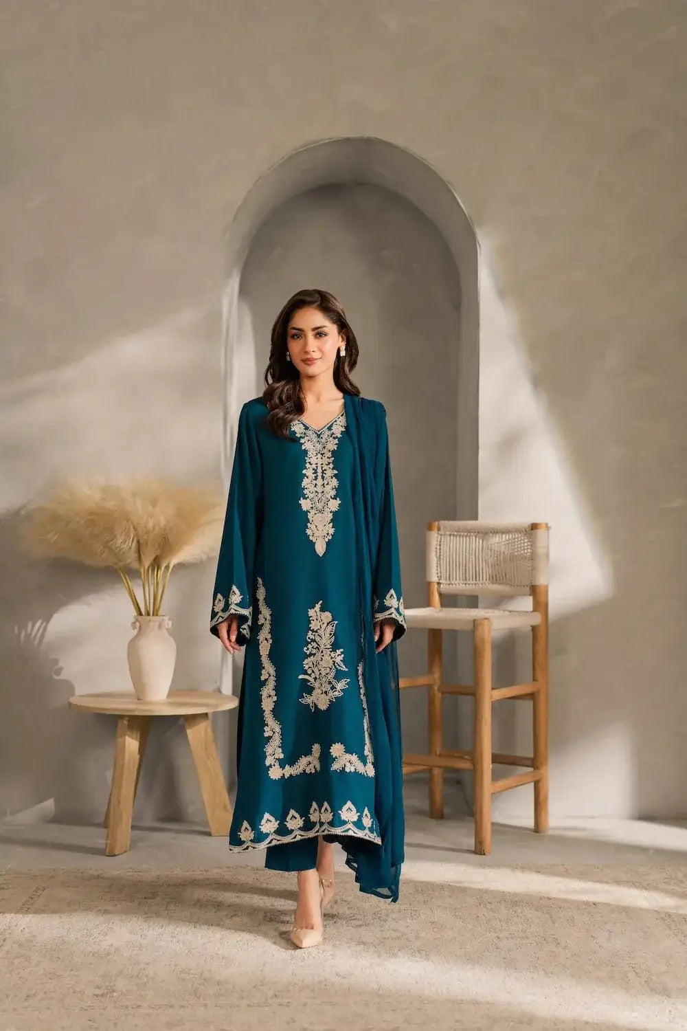 Stylish Embroidered Linen Suit - 3 Pcs Set - image 1